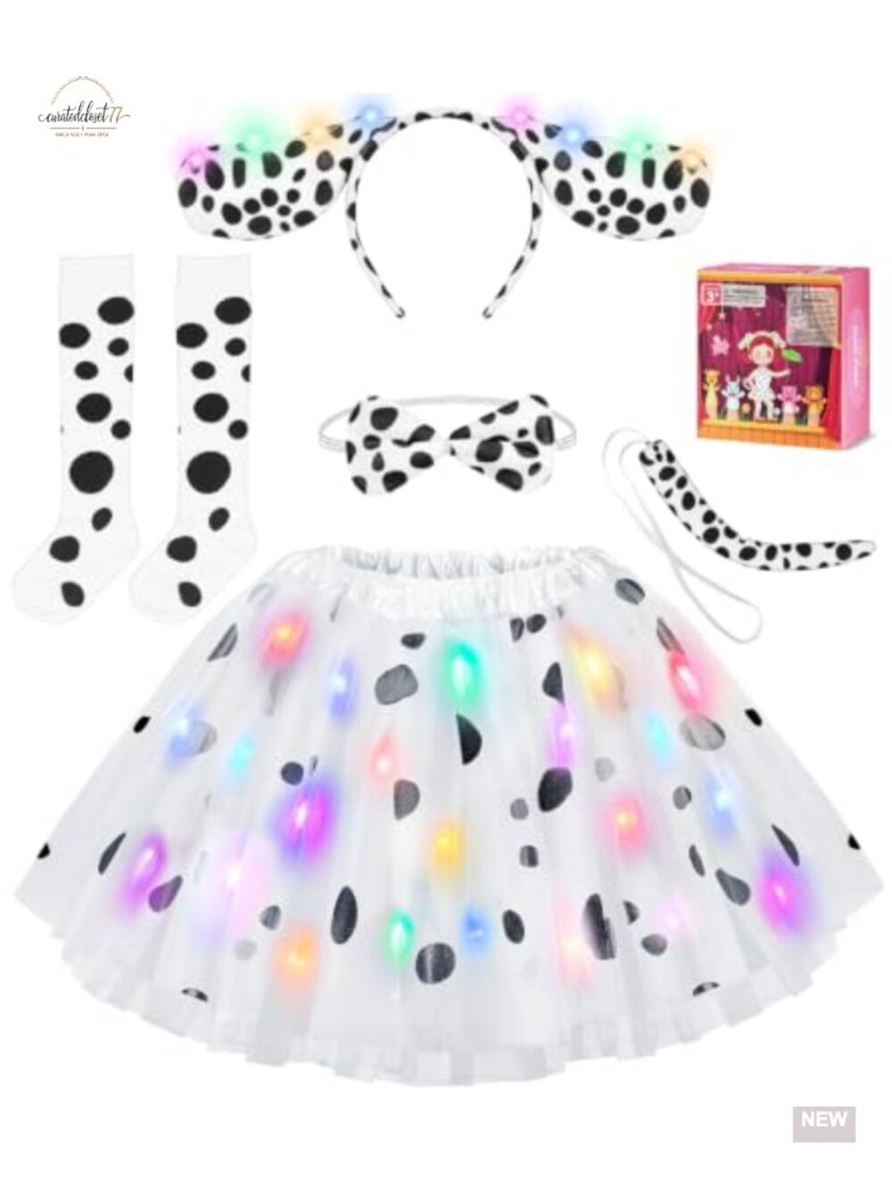 Girls Dalmatian Dog Costume Tutu Skirt LED Light Up Halloween Dress Up